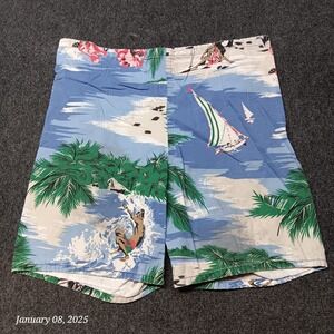 Vintage Le Tigre Hawaiian Shorts Men Small 28/30 Beach Ocean Print All Over